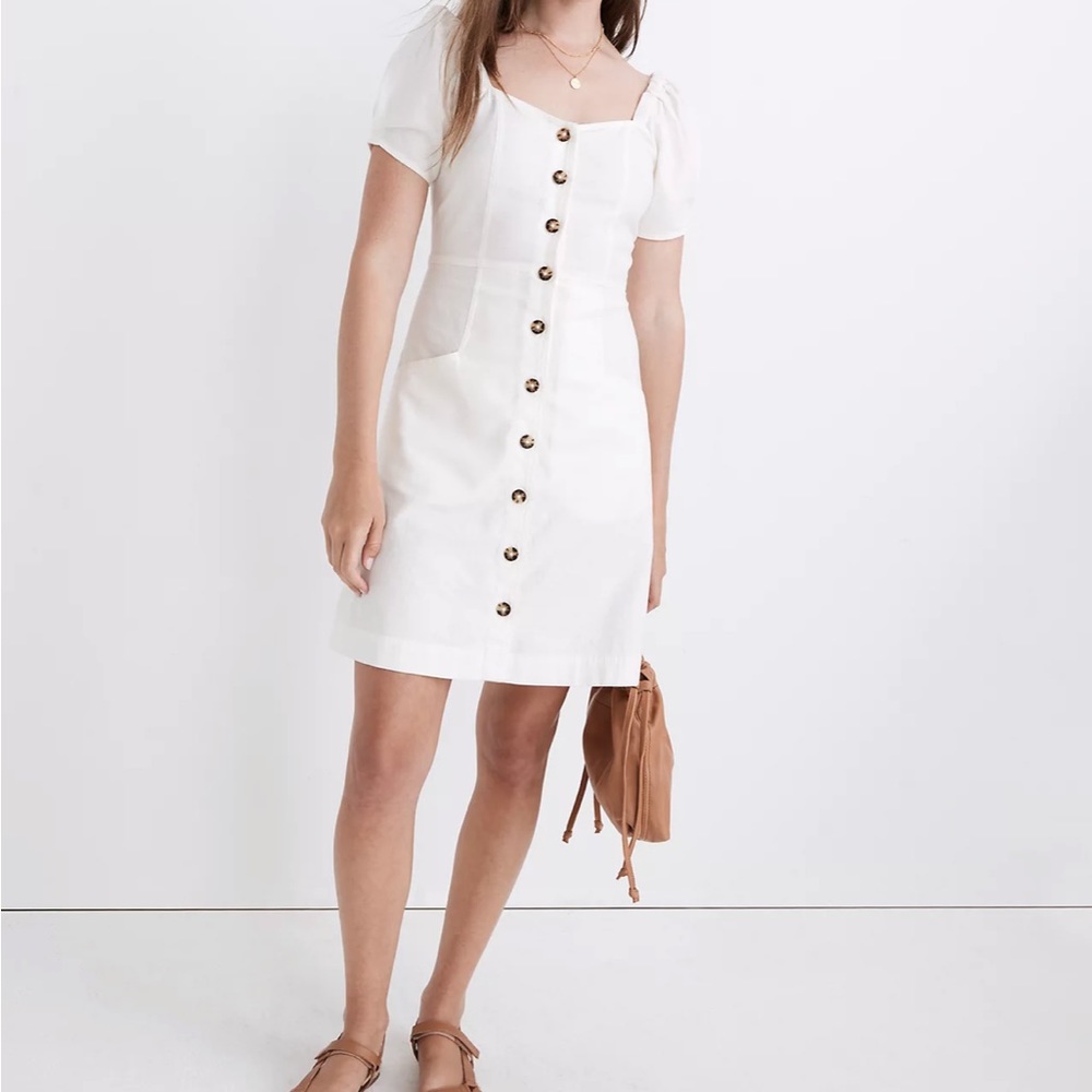 Madewell Linen-Cotton Puff-Sleeve Mini Dress in Lighthouse